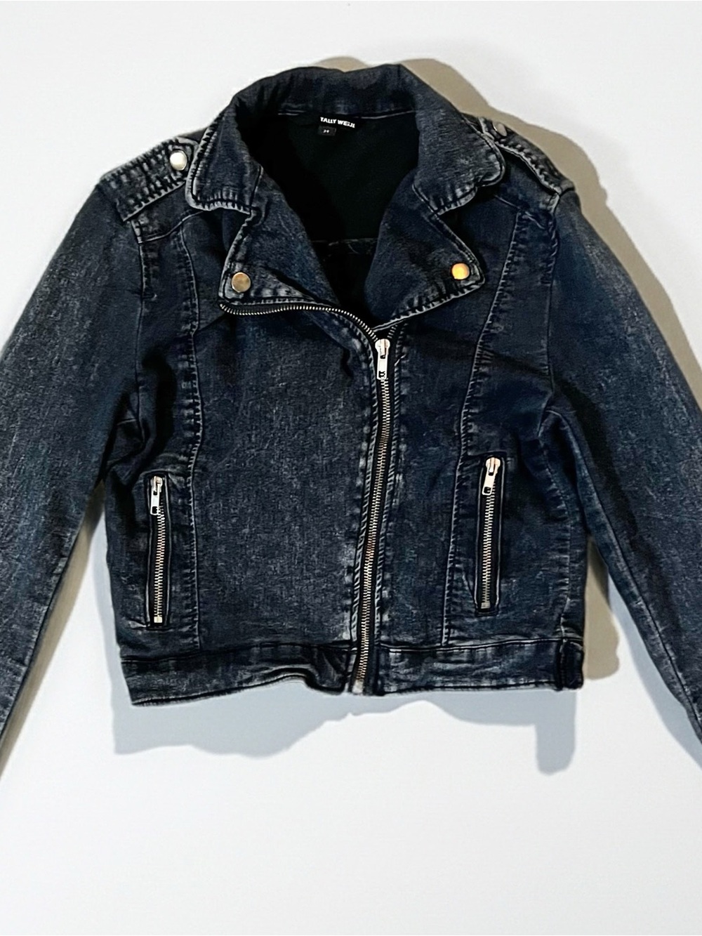 Faded Black Moto-Style Jean Jacket